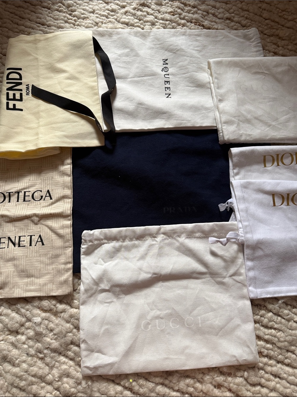 New luxury  Dust Bag Lot - Fendi, Gucci, Dior, Prada, McQueen, Bottega